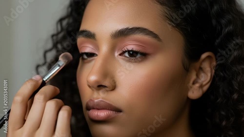Young woman applying eye makeup with brush for beauty look  