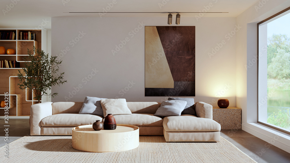Fototapeta premium 3D render, illustration Large Luxury modern living room interior, brutalist architecture realistic lighting, Graphic Overlay wide angle, contemporary furniture, clean lines, minimalist decor, elegan