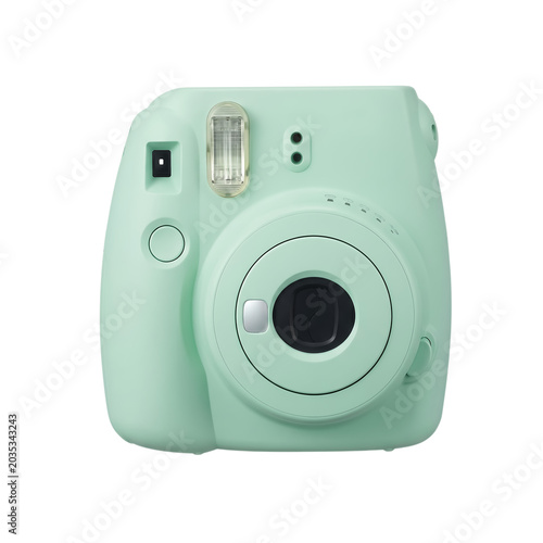 Pastel green instant film camera isolated on transparent background for creative photography concepts