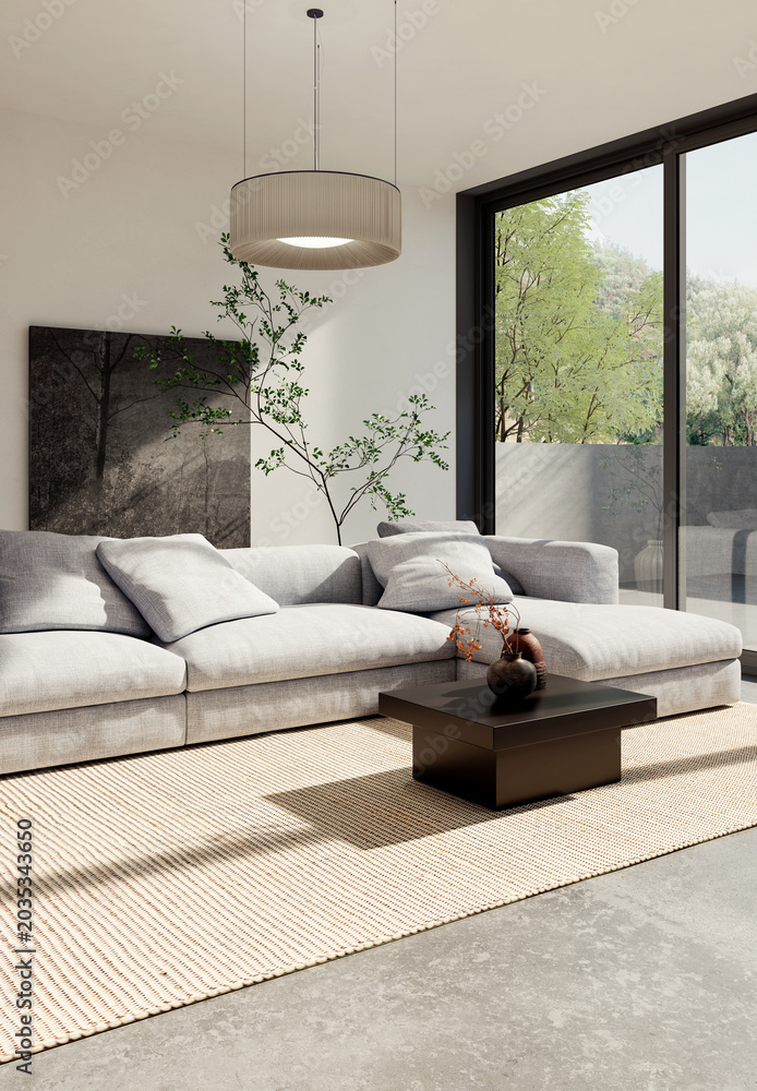 Fototapeta premium 3D render, illustration Large Luxury modern living room interior, brutalist architecture realistic lighting, Graphic Overlay wide angle, contemporary furniture, clean lines, minimalist decor, elegan