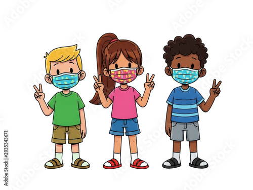 Diverse children wearing face masks giving thumbs up outdoors happy unity