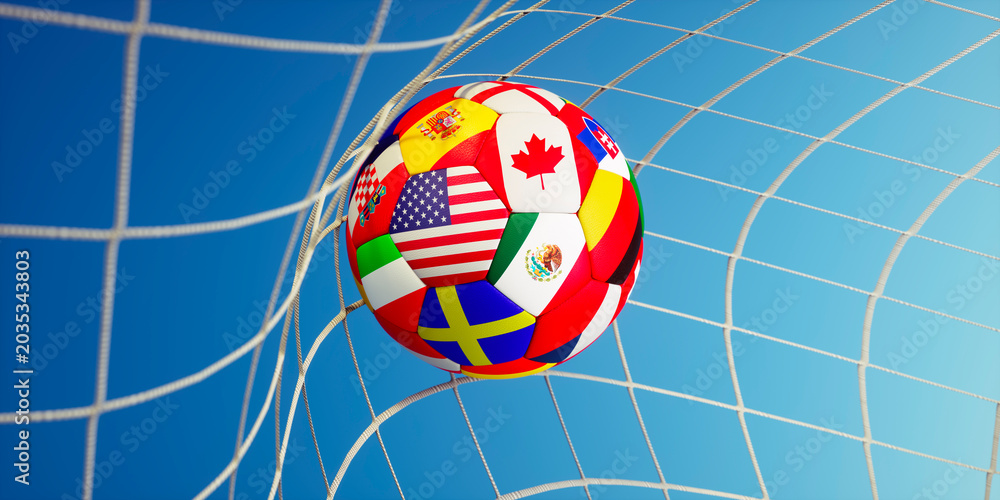 Naklejka premium Soccer ball, scoring the goal and moving the net with blue background and sun rays