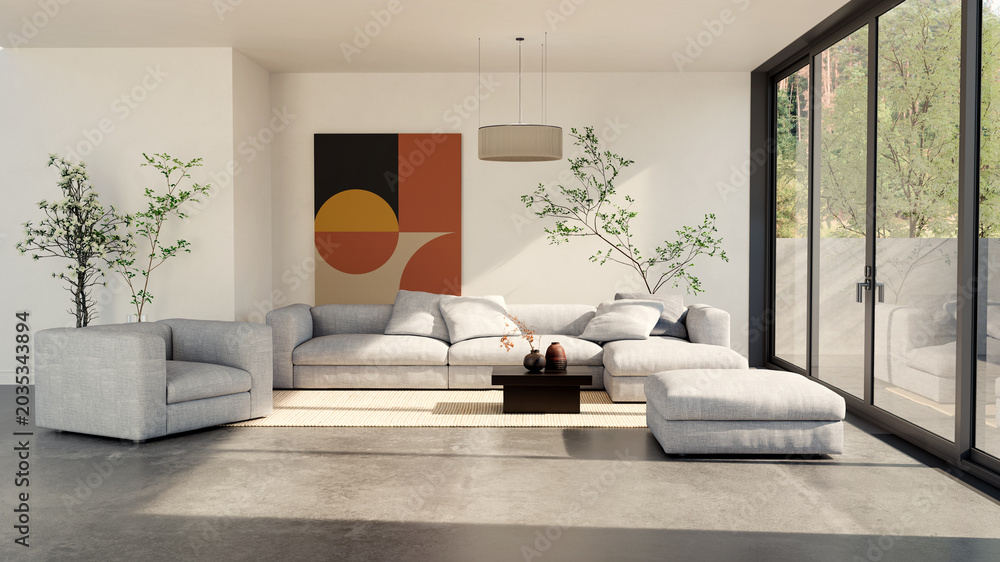 Fototapeta premium 3D render, illustration Large Luxury modern living room interior, brutalist architecture realistic lighting, Graphic Overlay wide angle, contemporary furniture, clean lines, minimalist decor, elegan
