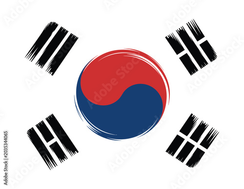 South Korea Flag Symbol. A brushstroke rendition of the South Korean flag, featuring the Taegeuk symbol and trigrams. national symbol, Asian culture, Korean heritage.