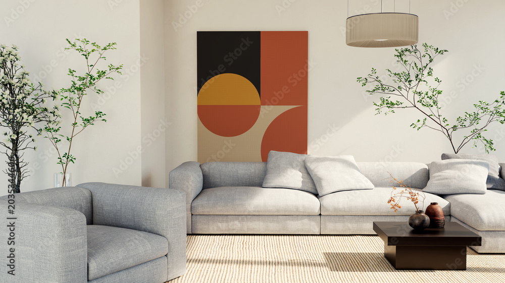 Fototapeta premium 3D render, illustration Large Luxury modern living room interior, brutalist architecture realistic lighting, Graphic Overlay wide angle, contemporary furniture, clean lines, minimalist decor, elegan