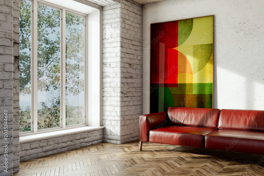 Fototapeta premium 3D render, illustration Large Luxury modern living room interior, brutalist architecture realistic lighting, Graphic Overlay wide angle, contemporary furniture, clean lines, minimalist decor, elegan
