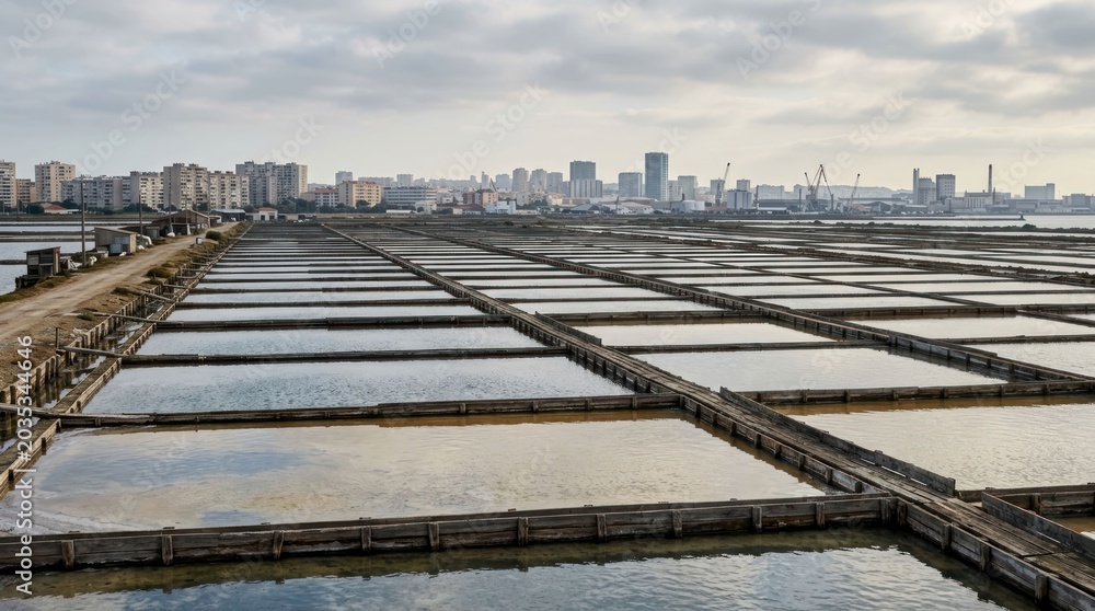 Obraz premium Vast Salt Pans with City Skyline in the Distance.