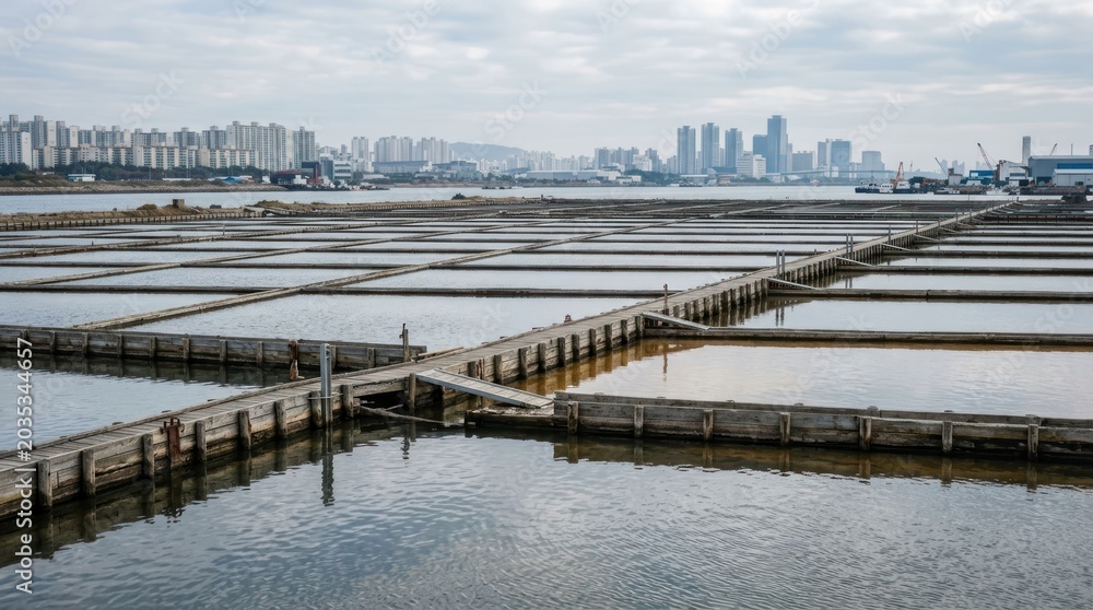 Fototapeta premium Vast Salt Pans with Wooden Walkways and Distant City Skyline Under Cloudy Sky.