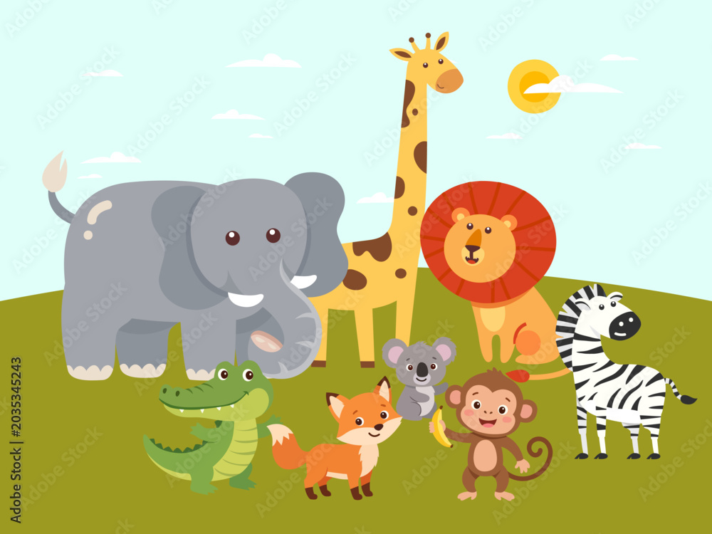 Obraz premium adorable collection various cute cartoon jungle safari animals standing together