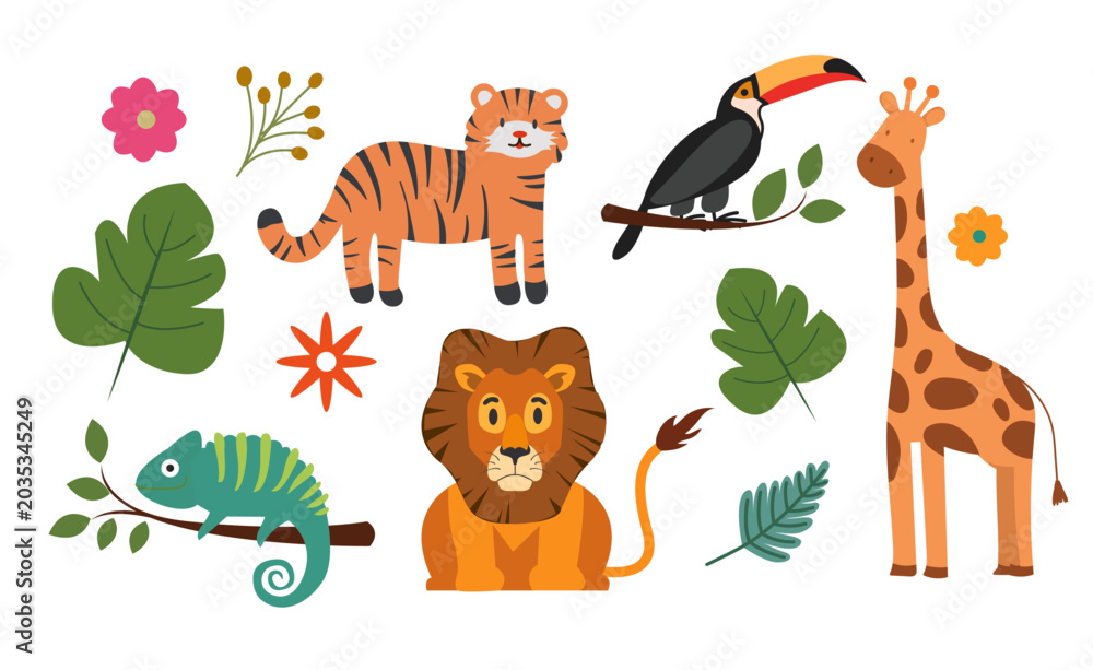 Obraz premium adorable collection various cute cartoon jungle safari animals standing together