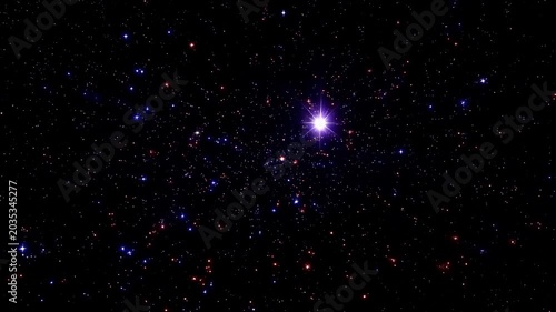 Bright purple star shining brilliantly amidst a vast field of distant twinkling stars in deep black open space. Concept of cosmic discovery and universe infinity