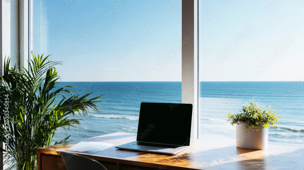 Obraz premium Home office desk with laptop overlooking calm ocean view, natural daylight inspiring remote work productivity