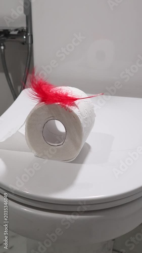 Toilet paper roll with red feather on toilet bowl. Medical concept for delicate health, hemorrhoid, or bowel disease prevention. Gentle care and comfort of personal hygiene in bathroom setting.