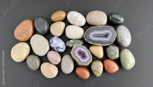 Collection of Smooth Polished Gemstones and Agates on Dark Surface.