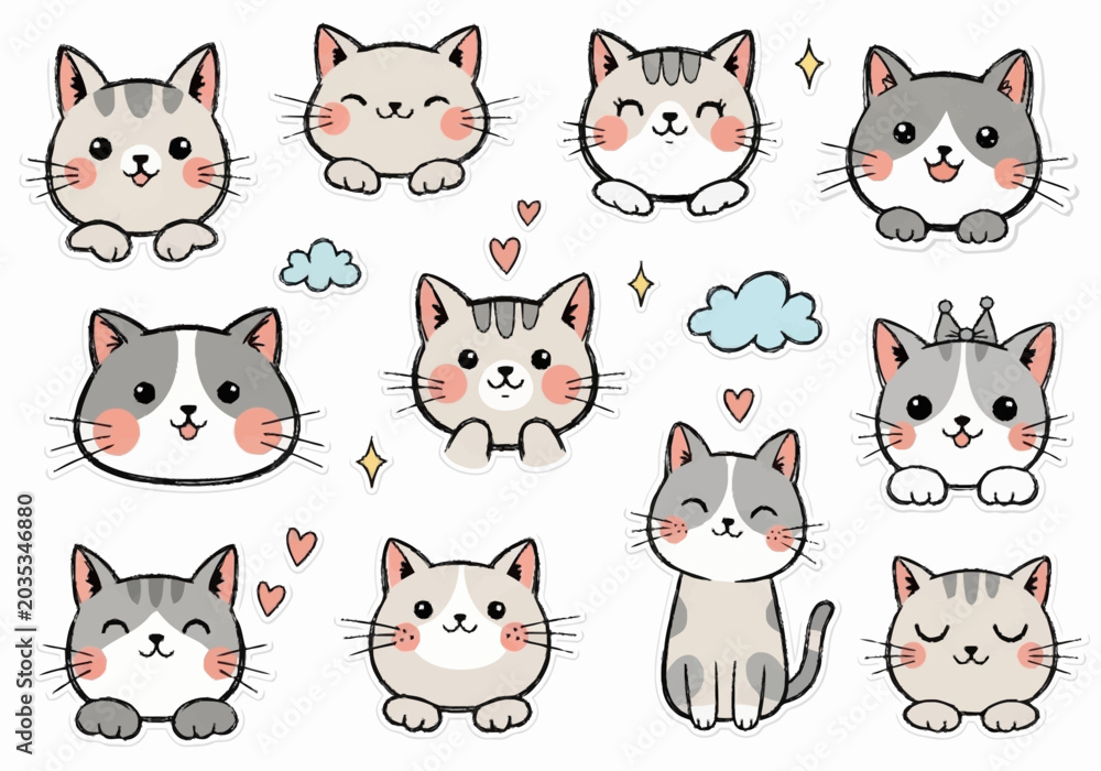 Fototapeta premium Cute cartoon cats with blush cheeks.