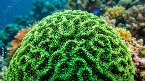 Vibrant Green Brain Coral Close Up Underwater Reef Scene.