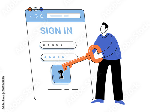 Man holding a key to unlock a website sign in form vector illustration. Cybersecurity, data protection, account access, digital privacy, authentication, web security. Male using tool to open portal