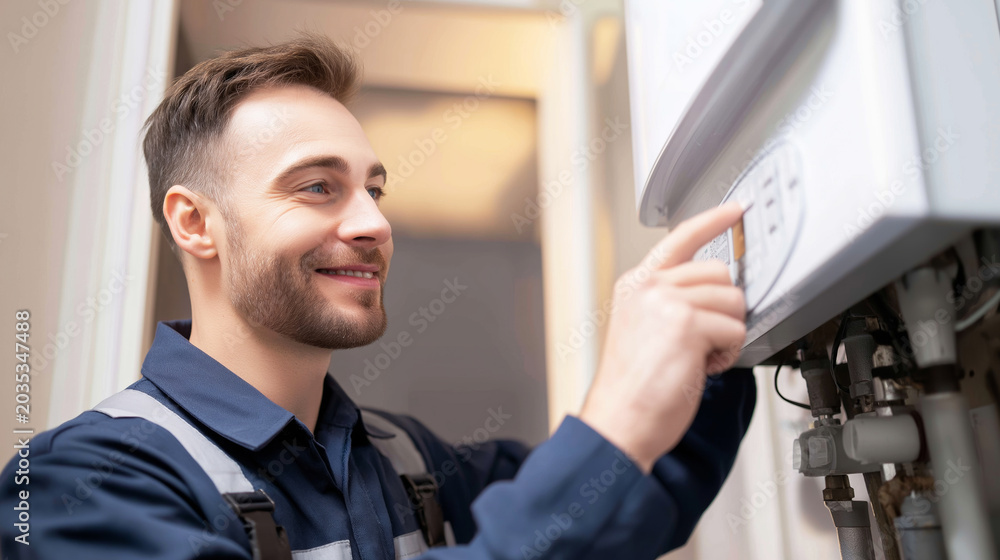 Fototapeta premium Technician checking and adjusting modern boiler digital control panel, ensuring efficient home heating system operation