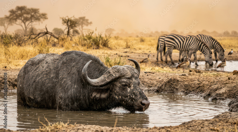 Fototapeta premium African Buffalo Drinking Water with Zebras in the Background