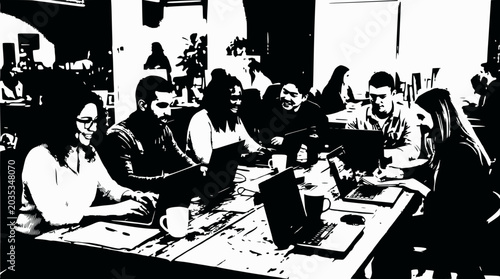 Diverse team collaborating on laptops at a modern co-working space, brainstorming ideas.