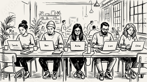 Diverse team working together in a modern open-plan office, focused on laptops