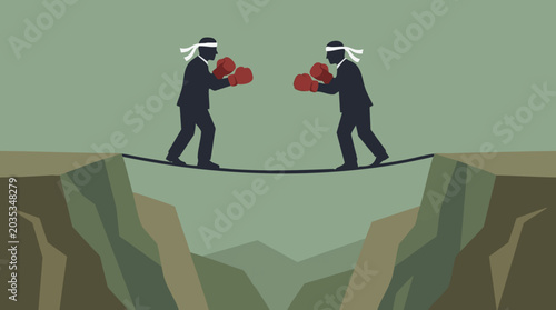Tableau sur toile Businessmen in boxing gloves on a tightrope above a chasm, corporate conflict