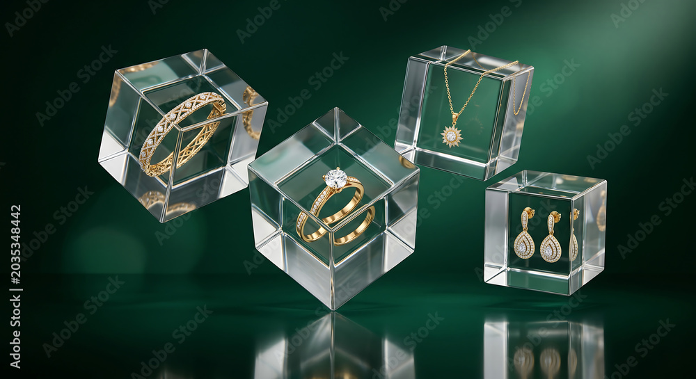 Obraz premium Elegant jewelry pieces displayed in transparent glass cubes