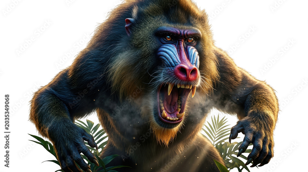 Obraz premium A fierce mandrill with colorful facial markings, baring sharp teeth and claws, isolated against a solid black background