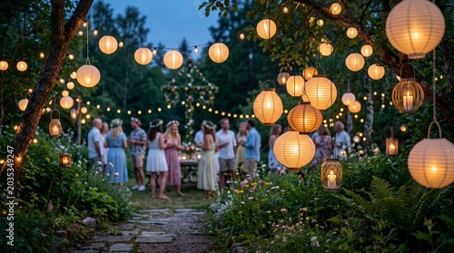 People Celebrate Outdoor Party with Lanterns at Dusk
