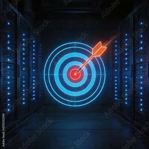 neon target with arrow hitting bullseye in server room