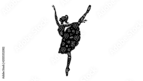 Stylized black ballerina silhouette filled with white floral and abstract doodle patterns, artistic dance design element for creative projects, graceful performance concept