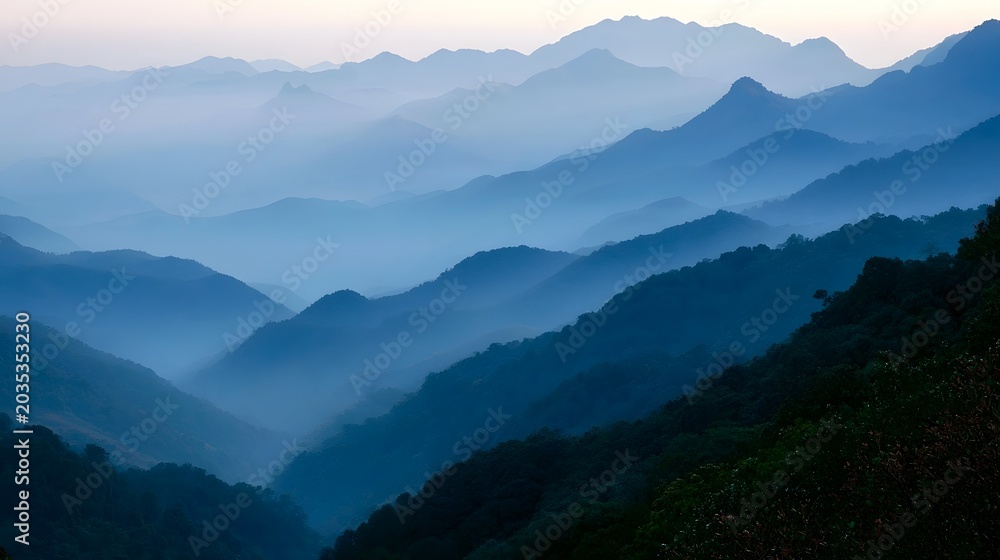 Naklejka premium Layered mountain ranges enveloped in soft morning mist create a serene and vast natural landscape