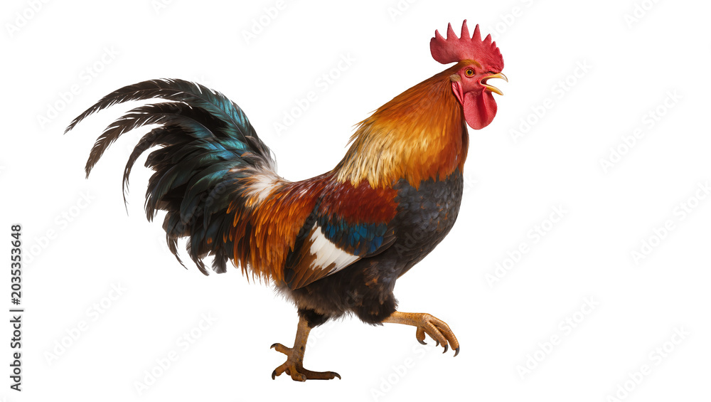 Αυτοκόλλητο Isolated rooster standing with open beak crowing, showcasing colorful plumage an