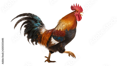Tableau sur toile Isolated rooster standing with open beak crowing, showcasing colorful plumage an