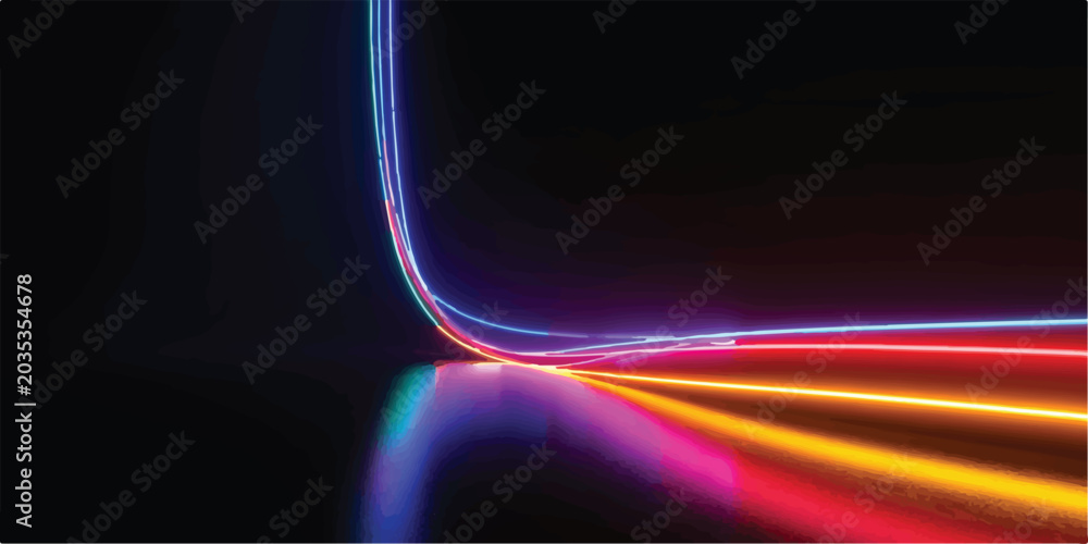 Φωτογραφία Dynamic rainbow gradient light streaks curving and reflecting on dark surface wi