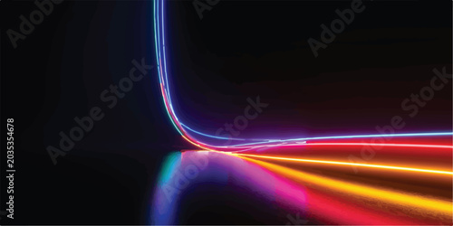 Foto Dynamic rainbow gradient light streaks curving and reflecting on dark surface wi