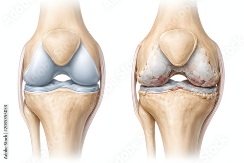 Educational healthcare illustration showing comparison between healthy knee cartilage and arthritic knee degeneration.
