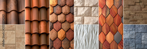 Terracotta roof tile clay roof tile shingle roof stone wall facade texture exterior wall architectural detail building material house roof pattern background Terracotta roof tile clay roof tile