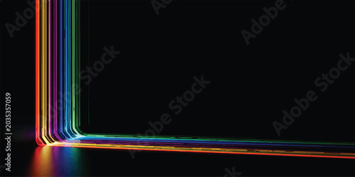 Bild auf Leinwand Colorful neon light trails creating an abstract l shape on a reflective black su