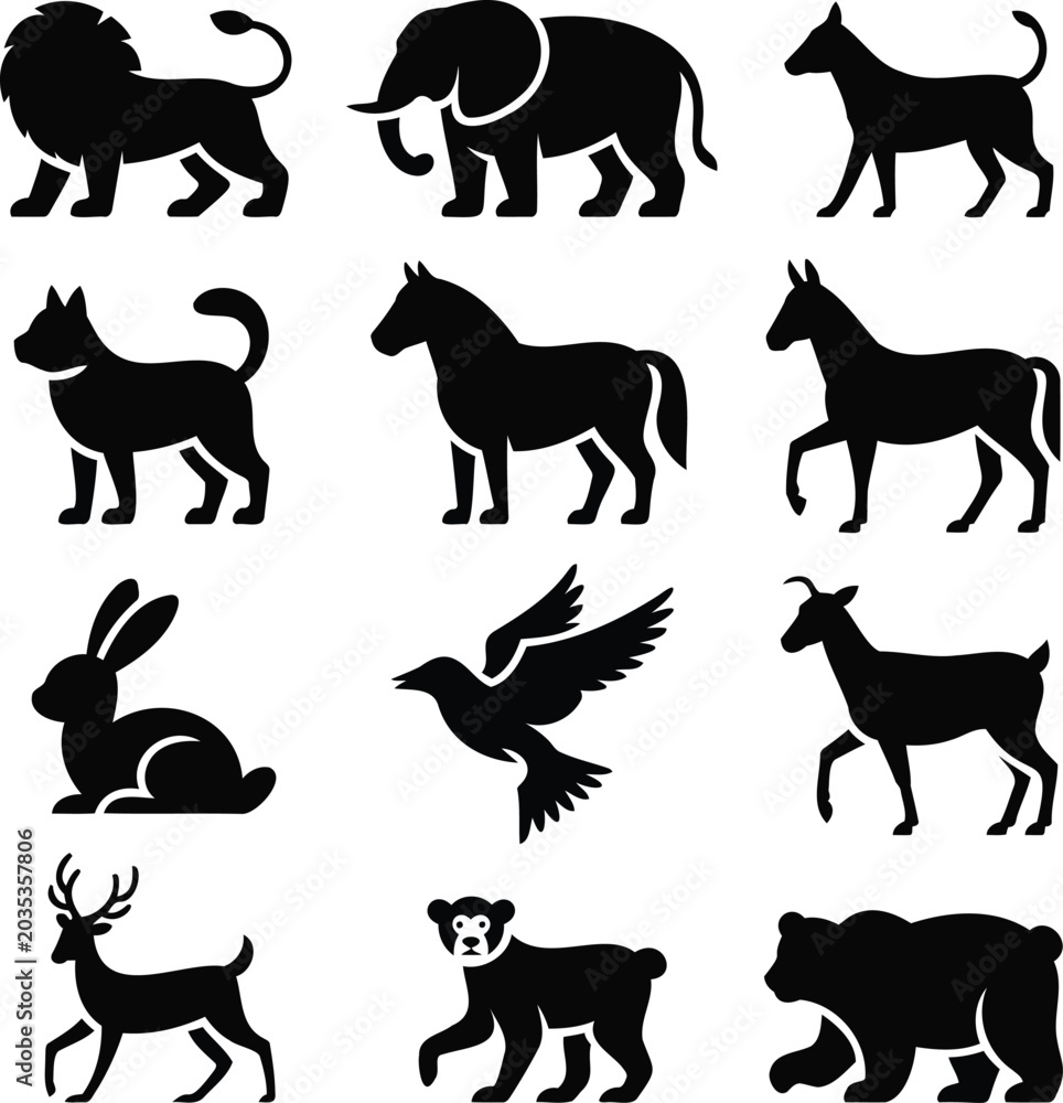 Obraz premium Black silhouettes of various animals including lion, elephant