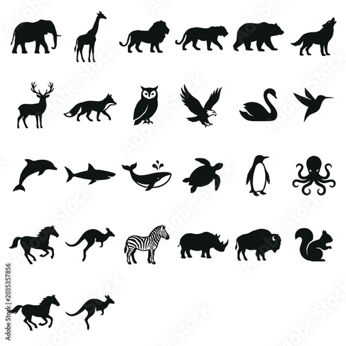 Photography Black silhouettes of various wild animals.