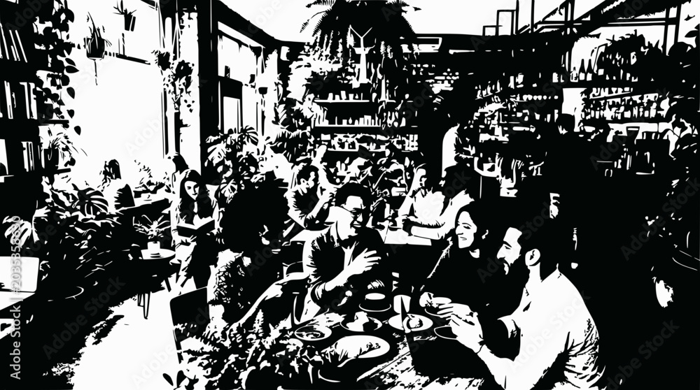 Fototapeta premium Diverse group of friends enjoying a lively brunch in a plant-filled cafe