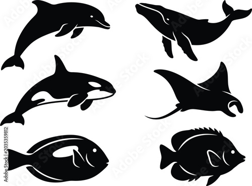 Black silhouettes of dolphin, whale, orca, and manta ray against white background