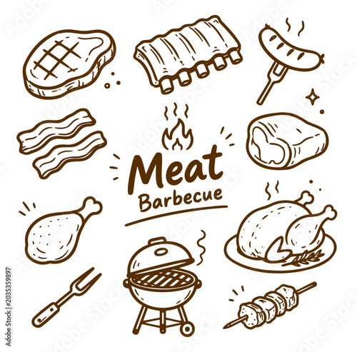 BBQ Food Set. Meat Barbecue Set Naive Sketch Vector