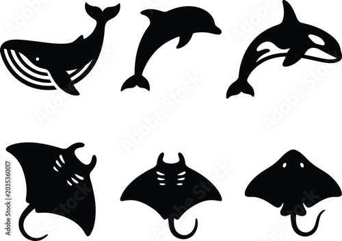 Black silhouettes of ocean life: whale, shark, dolphin, turtle, octopus, crab