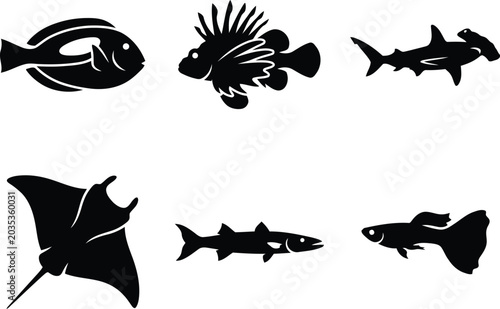 Black silhouettes of marine animals on white background, sea creatures