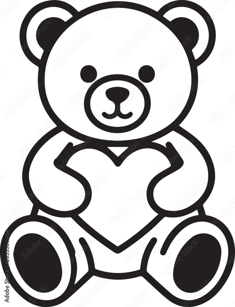 Fototapeta premium A charming cartoon teddy bear graphic, rendered in bold black and white, sits attentively, clutching a large heart symbol close to its chest. The simple.