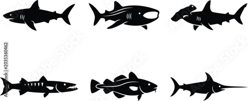 Silhouettes of shark species, marine predator black and white fish