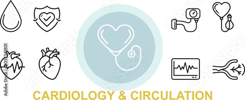 Cardiology and circulation icon set featuring heart health medical symbols including stethoscope blood pressure monitor and ecg rhythm.