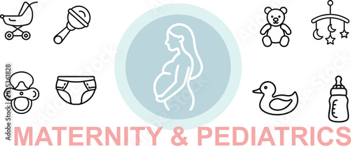 Set of maternity and pediatrics line icons. mother and child healthcare. medical care. pregnancy line icons.